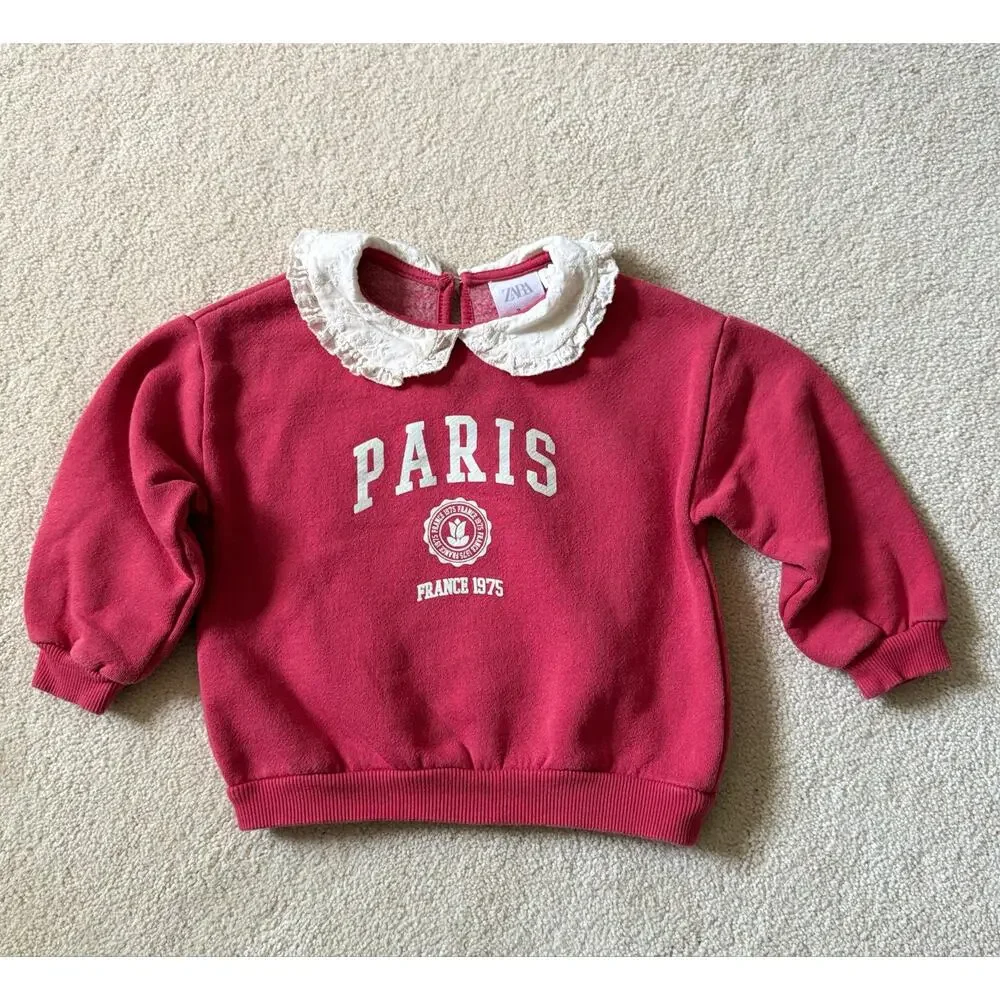 Zara Red Paris Sweatshirt Peter Pan Collar Toddler Size 2